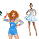 Four images photoshopped side by side of women's Halloween costumes: left to right it's non-licensed versions of Aquaman, Chucky, Cinderella, and Wilma Flinstone.